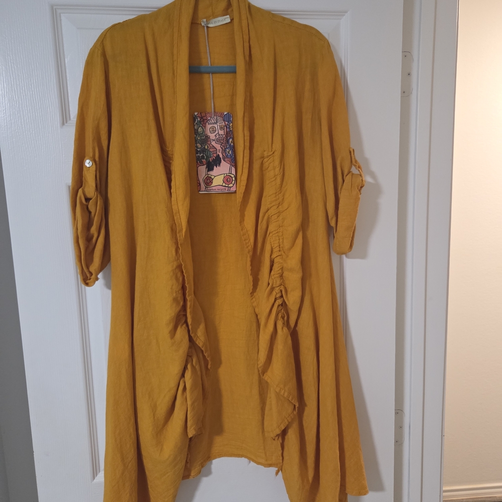 NWT Colette Italy Linen Mustard Open Front Duster Cardigan w/ruffle & Ties. OS